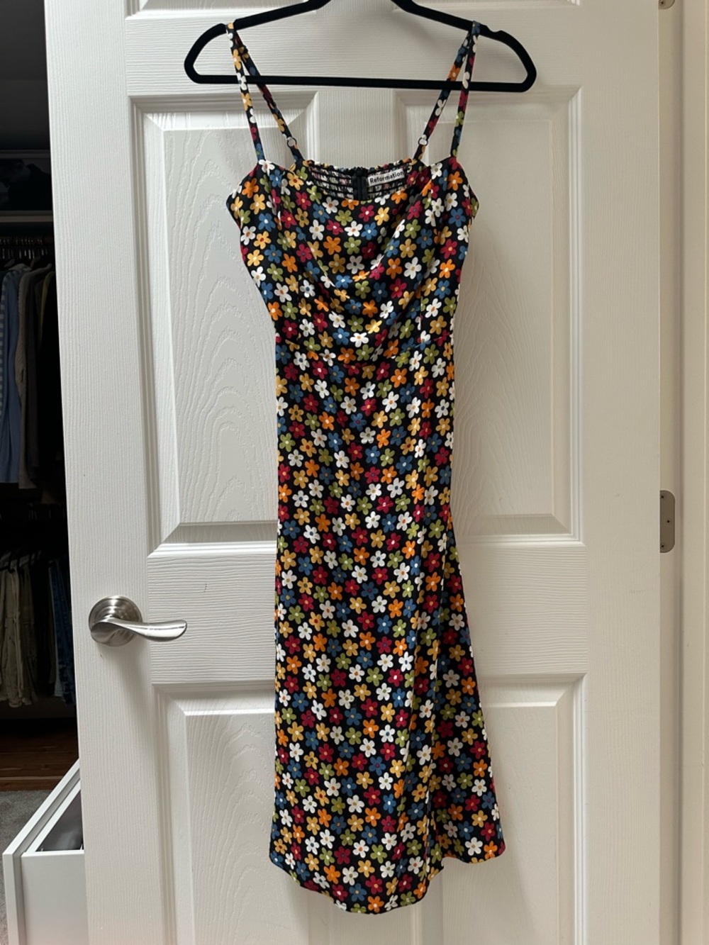 Reformation Black Midi Slip Dress with Multicolor Daisy Print